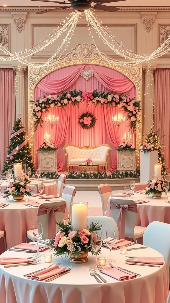 A romantic pink Christmas wedding setup with floral decorations, fairy lights, and elegant table settings.